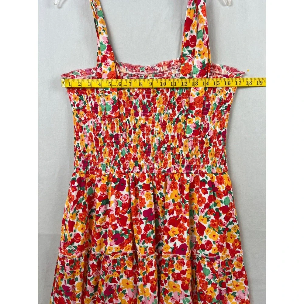 ZESICA Floral Mini Dress Women XL Red Orange Smocked Tie Strap Tiered Cottage